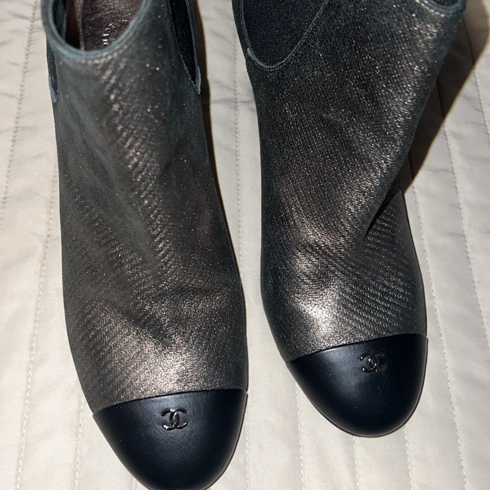 Chanel Embossed CC Cap Toe Ankle Boots